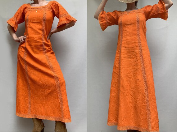 70s vintage cotton bell sleeves lace MAXI dress hi