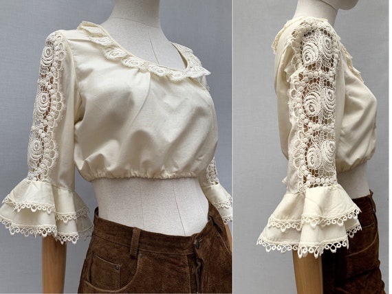 vintage Lace Beige CROP TOP / lace bell sleeves /