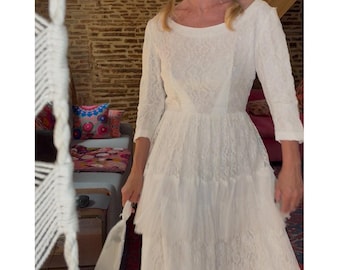 1960s Lace Bridal Gown – French White Dress, Size EU 38