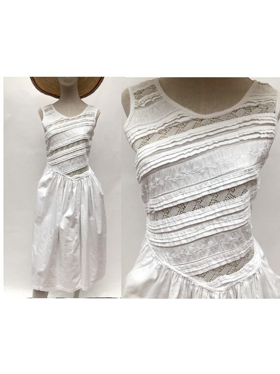 vintage 70s 80s white DRESS /open eyelet embroider