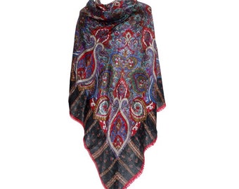 70s Bohemian XLarge wool SHAWL // floral Boho gypsy shawl