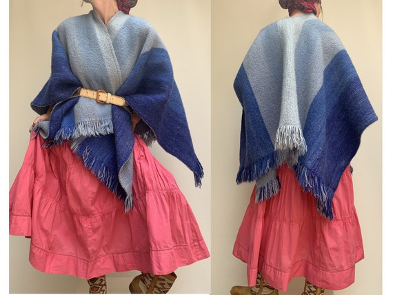 70s wool striped blue wrap PONCHO fringed poncho 7