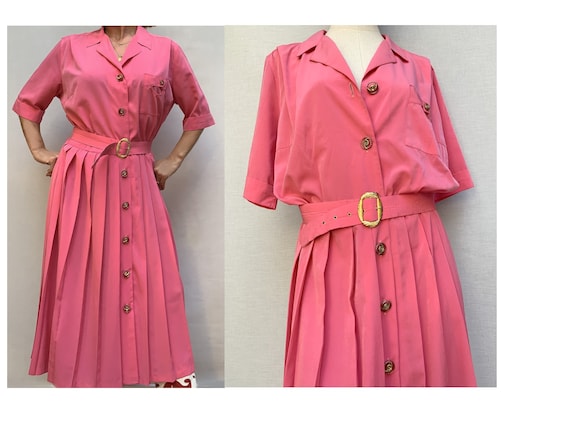 vintage 80s pink pleated SHIRTDRESS / 80s pink / 8