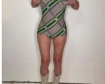 1970s Mod One Piece Swimsuit – Geometric Green & Brown Psychedelic Print