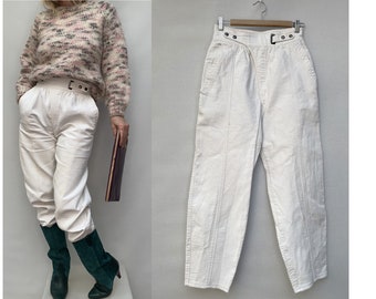 80s high waisted white Corduroy Cotton Tapered PANTS 80s trousers size eu 38-uk10-us6