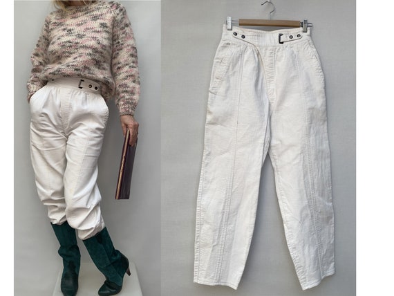 80s high waisted white Corduroy Cotton Tapered PA… - image 1