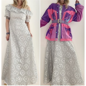 women LUREX 1970s maxi dress ruffled neck Dress Silver lurex open lace dress size fr 38-uk10-us6