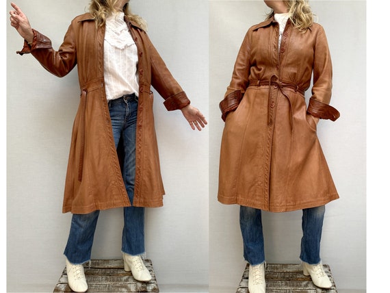 70s brown leather COAT/ belted leather trench coat