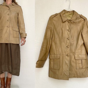70s vintage LEATHER straight cut JACKET 70s beige leather BLAZER size eu 38-uk10-us6