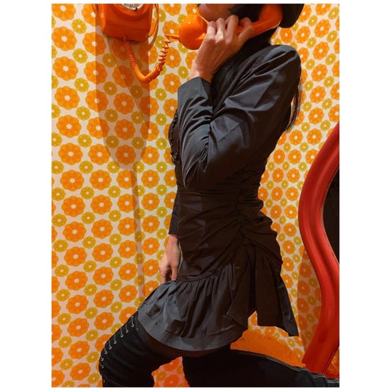 Balmain, Vintage BALMAIN IVOIRE Black Ruched Cocktail Dress, 1980s Pierre Balmain Paris Long Sleeve Little Black Dress LBD, Asymmetric Ruffle Hem 40