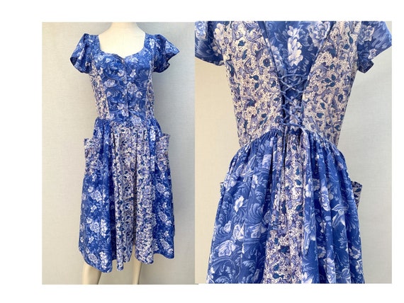 vintage 80s blue Floral DRESS // cotton floral Dre