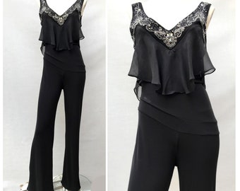 vintage  90s 1990s  beaded ruffles Sleeveless black JUMPSUITS catsuit rompers dungarees  // size eu 38- uk 10 - us 6