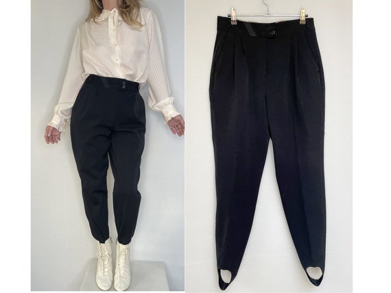 Women 80s Black Ski STIRRUPS Pants Trousers FUS Europ Stretch Ski