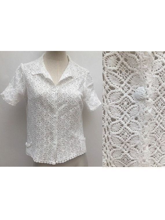 1950s white Cotton Eyelet CROCHET Blouse // vintag