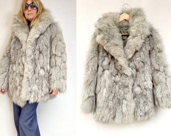 women vintage grey blue FUR COAT jacket winter fur overcoat