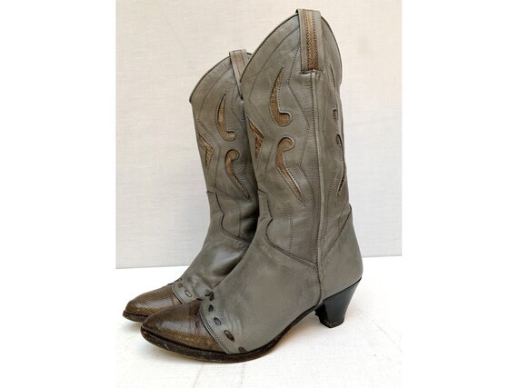 80s vintage grey leather western Boots / heeled c… - image 2