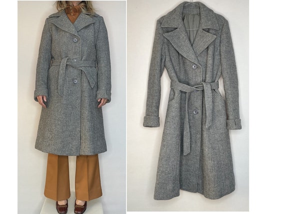 women wool 70s Trench COAT winter grey wool belte… - image 9