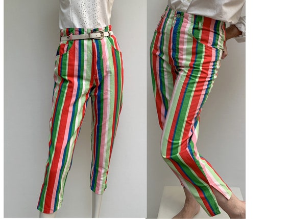 80s vintage striped cotton PANTS high waist slim p