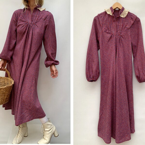 Vintage 40er Wolle handgemacht kariert Spitze Kragen Prairie DRESS 40s Winterkleid blaues und rotes Kleid Gr. 38-uk10-us6
