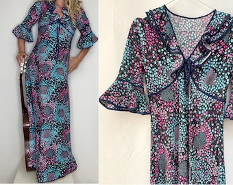 1970s Floral Maxi Dress, Bell Sleeves Bohemian Style, Size Small