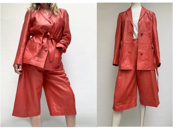 80s vintage red leather skirt pants and Blazer SE