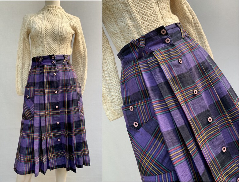 80s vintage plaid SKIRT // pleated skirt // purple / buttonned Etsy