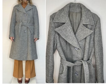 women wool 70s Trench COAT winter grey wool belted coat Overcoat size fr 38- uk 10- us6