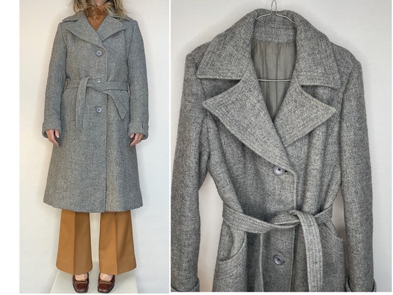 women wool 70s Trench COAT winter grey wool belte… - image 1