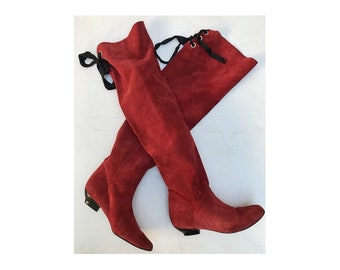 1980s Italian red suede HIGH KNEE Laced thigh high  Boots// size eu 36-uk 3.5- us 5