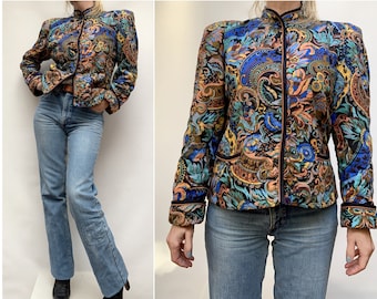 80er Floral geometrisch gepolsterte Schulter BLAZER Paisley Jacke 80er Jacke Gr. 38-uk10-us6