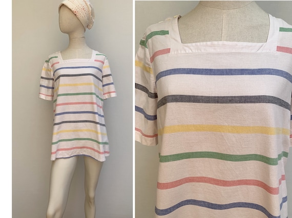 80s striped cotton TUNIC 80s summer top 80s blouse