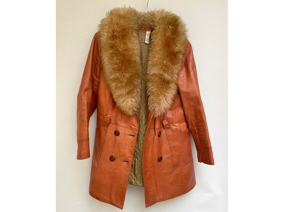 1970s Women Leather Jacket Vintage Women Peacoat Orange Leather Faux Fur Collar Jacket Winter Coat Size EU 40-uk12