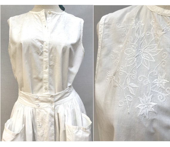 1970s white cotton floral embroidered sleeveless … - image 1