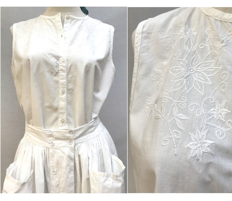 1970s white cotton floral embroidered sleeveless Indian Blouse // Mod eyelet cotton blouse //size e u38 uk 10 us 6 image 1