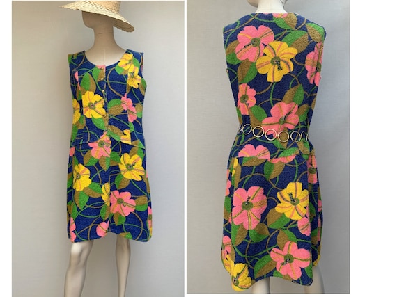 vintage 60s floral Neon towel Mini DRESS // 60s te