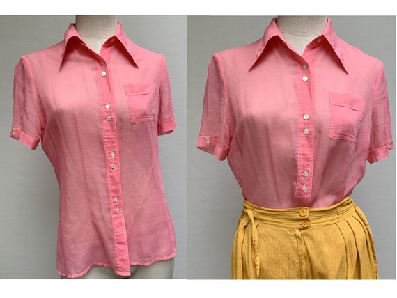 70s 60s MOD pink cotton summer Blouse 60s shirt 60