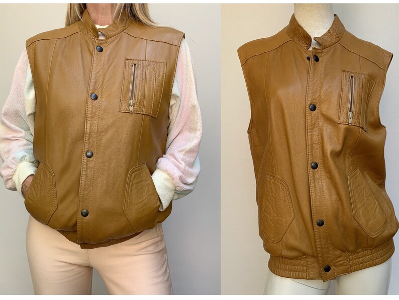 70s 80s brown leather Sleeveless JACKET leather bolero oversized