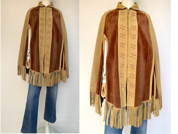 70s suede leather Fringed CAPE 70s leather poncho