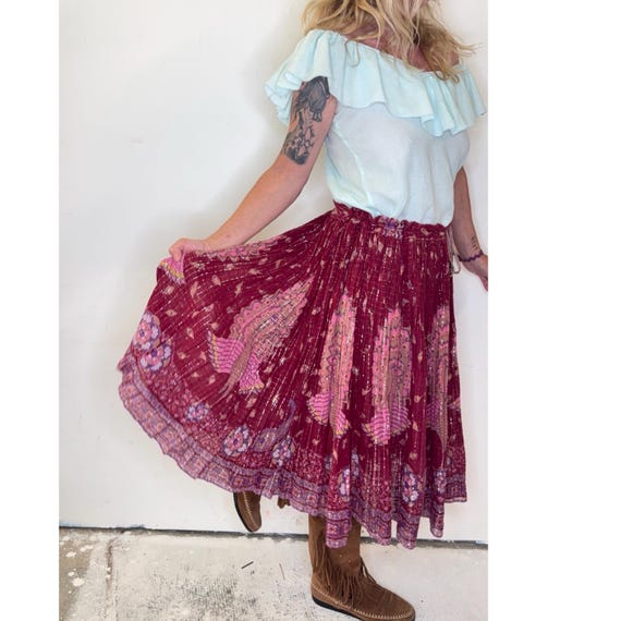 Vintage Indian Boho Skirt | Red Gypsy Festival Skirt | Metallic Thread Ethnic Maxi Skirt | Hippie Bohemian Clothing