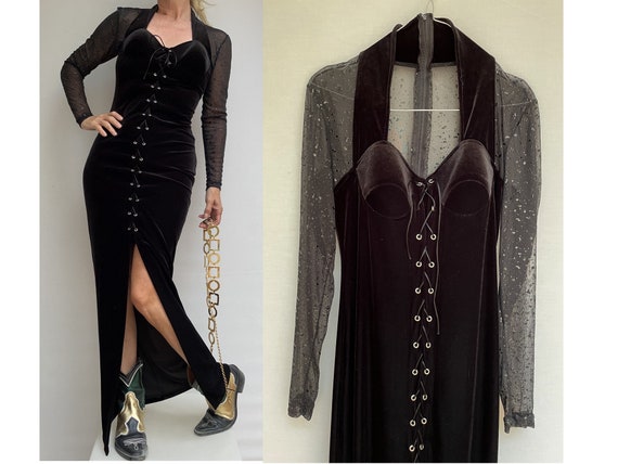 Gothic 1990s Black Velvet Pencil Maxi 