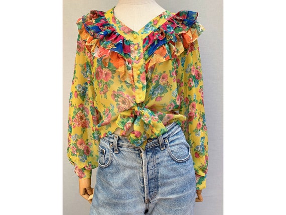 90s floral Ruffled Blouse vintage 90s blouse summe