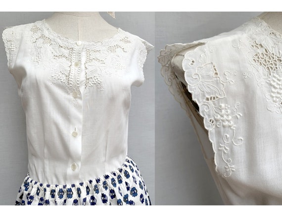 60s white cotton embroidered sleeveless TOP 60s bl