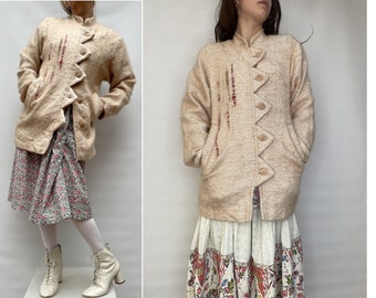 Wool 90s 1990s  Beige JACKET vintage l'atelier de TISSERAND hand knit french wool jacket size small