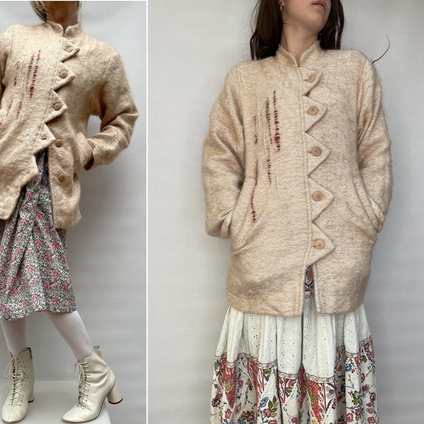 Wool 90s 1990s  Beige JACKET vintage l'atelier de TISSERAND hand knit french wool jacket size small