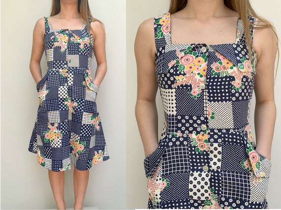 70s vintage patchwork cotton shirtdress 70s summer
