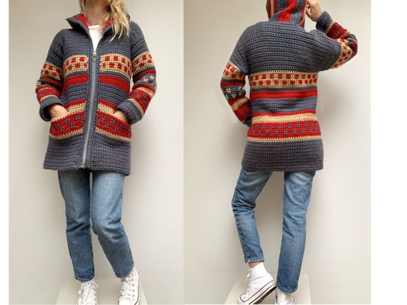 70s Vintage Wool Hand Knitted CARDIGAN Hooded Wool Knit Jacket