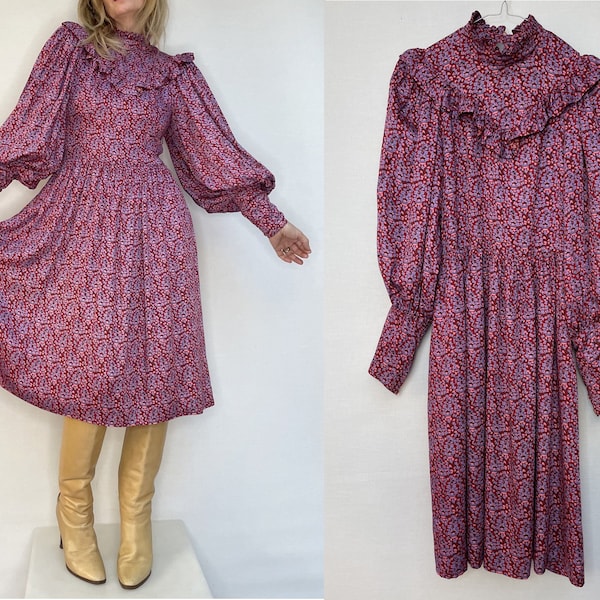 Femmes années 1980 ANASTASIA floral coton prairie Robe manches bouffantes taille Fr38 Uk 10