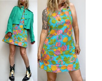 60s floral Mini DRESS MOD floral 60s vintage Neon towel DRESS beach dress floral towel dress 60s sundress size Small