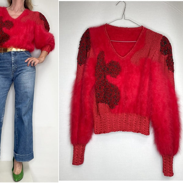 80s vintage Hand Knit Rouge moelleux MOHAIR laine rouge Manches bouffantes PULL pull en laine d’hiver taille M