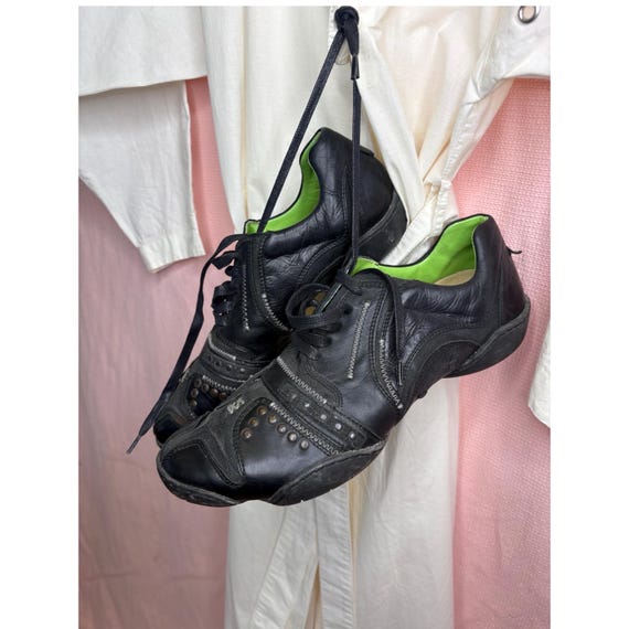 Vintage Marithé François Girbaud Leather Studded Sneakers | Iconic Y2K Cyber Punk Techwear Shoes | Black Grainy Leather Green Lining Size 39
